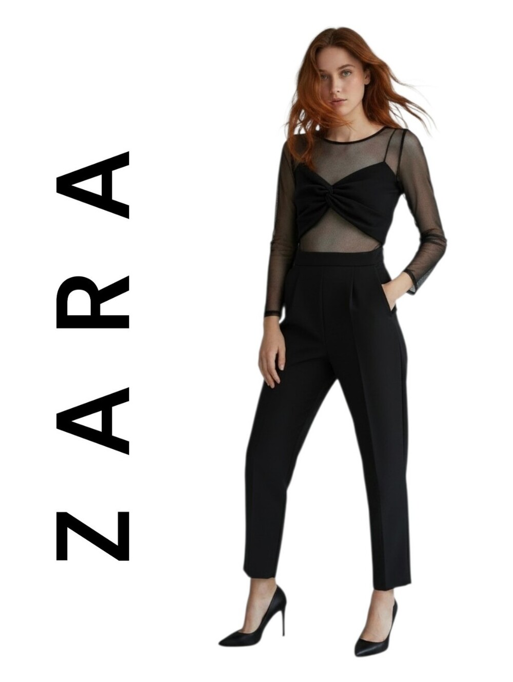 ZARA Black Mesh Sparkly Trim Contrast Jumpsuit Sheer Twist Front Small